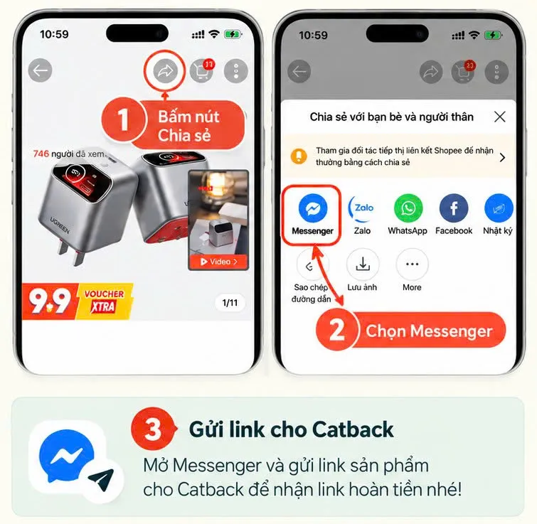 Bấm nút Chia sẻ trên sản phẩm Shopee, chọn Messenger, rồi gửi link sản phẩm cho Catback.